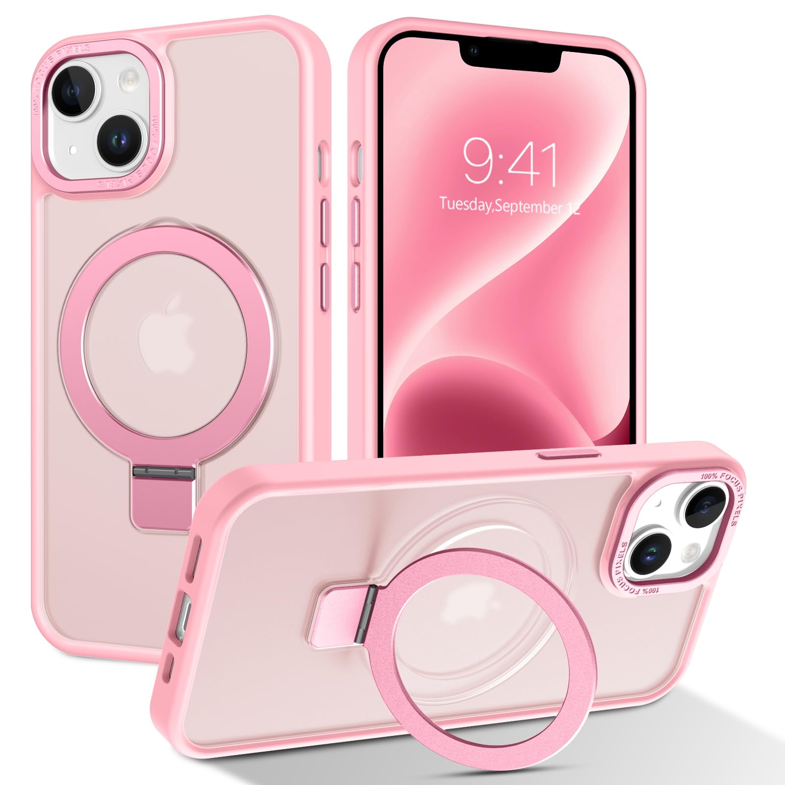 BENTOBEN Magnetic Case for iPhone 13/iPhone 14 with Stand[Compatible with Magsafe],Invisible Ring Stand Translucent Matte Back Military Grade Protection Shockproof Cover for iPhone 13/14, Pink