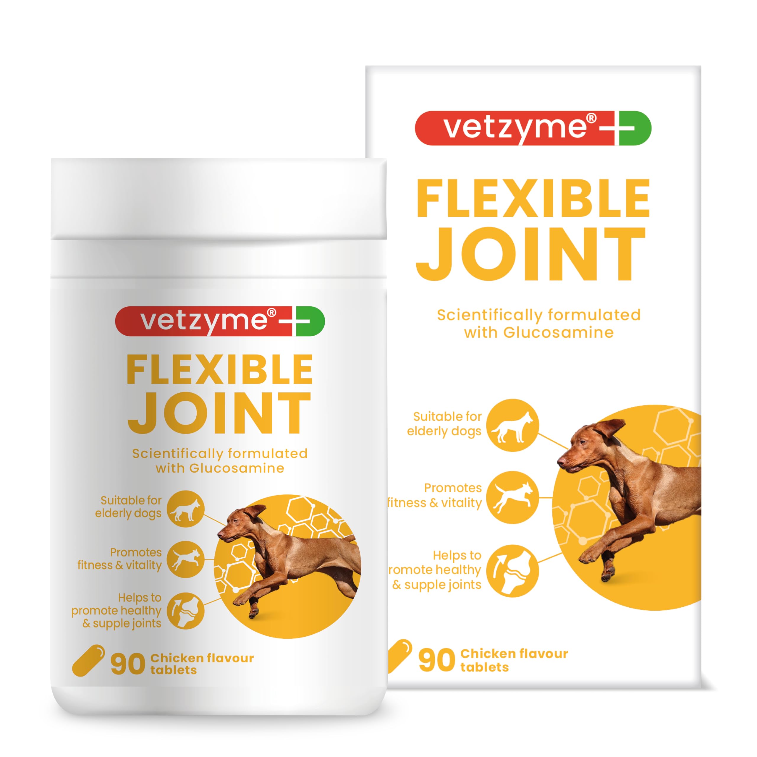 Vetzyme Flexible Joint Supplements for Dogs (90 Tablets) - Hip and Joint Care with Glucosamine, Tasty Chicken Flavour