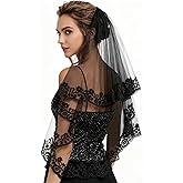 SAWINDA Black Lace Veil Embroidered Floral Edge Wedding Veil Two Tiers Gorgeous Halloween Gothic Veils Elegant Fingertip Length Veils for Brides Women
