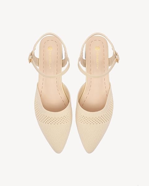 NEWBELLA WOMEN’S KNIT POINTED TOE CHUNKY HEEL SANDALS – CHUNKY BLOCK HEEL SUMMER SHOES, BREATHABLE SANDALS FOR BUSINESS AND DAILY WEAR,CREAM 7.5