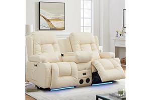 SENIFIS Power Loveseat Recliner, PU Leather Home Theater Seating with Massage & Heating, 2 Seater Recliner Sofa Chair for Living Room with LED Light, Bluetooth Speaker, Cup Holders (Beige)