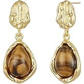 Dr's gift Brown Crystal 14K Gold Plated Statement Earrings for Women Drop Dangle Chunky 14K Gold Plated Earrings with Irregular Brown Stone Trendy Vintage Jewelry