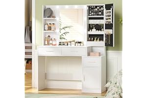 usikey Vanity Desk with Mirror and Lights, Makeup Vanity, Vanity with Jewelry Storage, Makeup Vantity Desk with 3 Drawers, for Women, Girls, Bedroom, White