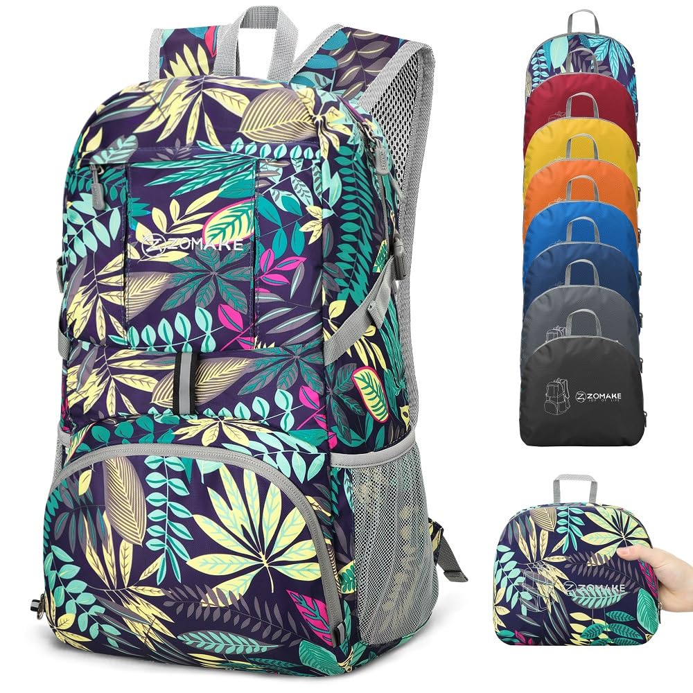 ZOMAKE Lightweight Foldable Backpack, Packable Rucksack 35L Folding Small Back Pack Foldaway Ultralight Daypack Collapsible for Women Men Travel Hiking Walking (Leaves)