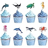 WERNNSAI 32 PCS Ocean Cupcake Toppers - Shark Birthday Party Decorations Under The Sea Cake Toppers Summer Dolphin Ocean Animal Cake Decors for Kids Ocean Baby Shower Party Supplies