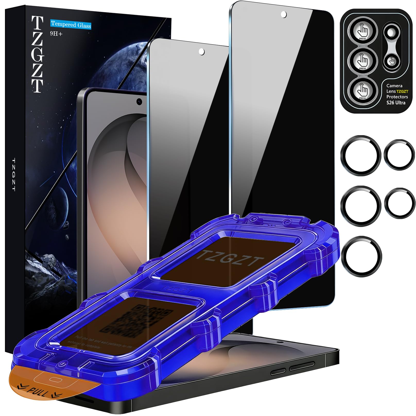 TZGZT 2 Pack for Samsung Galaxy S26 Ultra Privacy Screen Protector, Private Tempered Glass Film, Aluminum Metal Camera Lens Protector Accessories, Automatic 0 Bubble Installation, Case Friendly