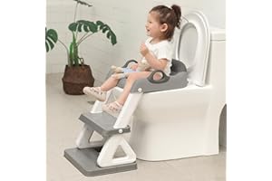WIIFO Potty Training Toilet Seat with Step Stool Ladder for Boys and Girls, 2 in 1 Potty Training Toilet, Splash Guard Anti-Slip Pad Step Stool（Gray-White) Pedal Upgrade