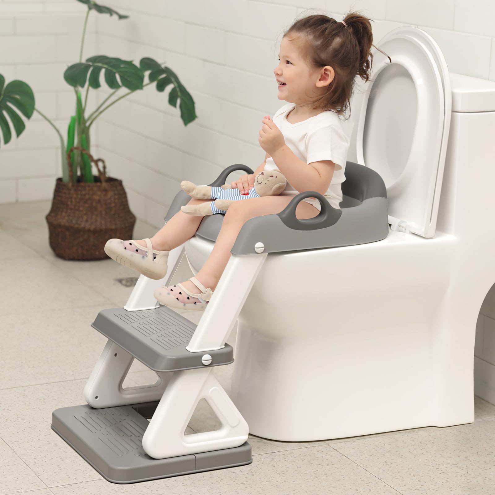 Photo 1 of Potty Training Toilet Seat with Step Stool Ladder for Boys and Girls, 2 in 1 Potty Training Toilet, Splash Guard Anti-Slip Pad Step Stool?Gray-White) Pedal Upgrade