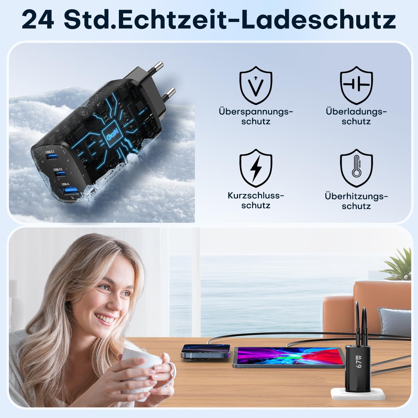 TOPADRE USB C Ladegerät 67W, 3-Port Schnellladegerät, PD PPS Fast Charger, Netzteil USB C für MacBook Pro/Air, für iPhone 17/16/15/14 Pro Max, für Galaxy S25/S24/S23/S22, für Pixel 10/9/8/7/6. Schwarz 6