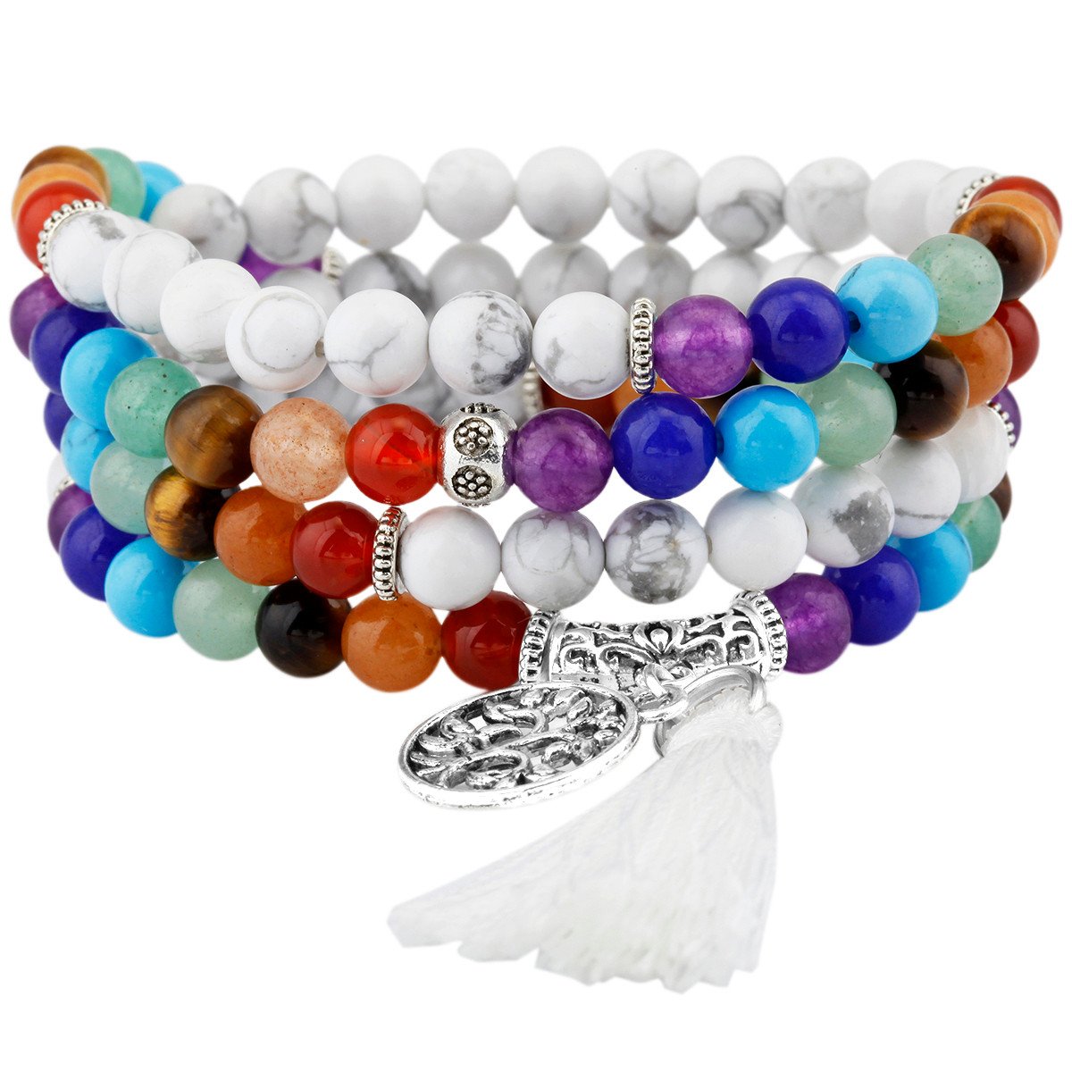 Shanxing 6mm White Howlite Turquoise & Chakra Crystal 108 Prayer Beads Mala Wrap Bracelet for Men Women, Worry Beads Healing Crystal Bracelet Jewellery Gift Buddha Reiki Meditation Stone Necklace