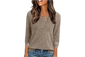 3/4 Length Sleeve Blouses for Women Fall Crewneck Casual Button Sweaters Loose Casual Comfy Workout Tee Shirt