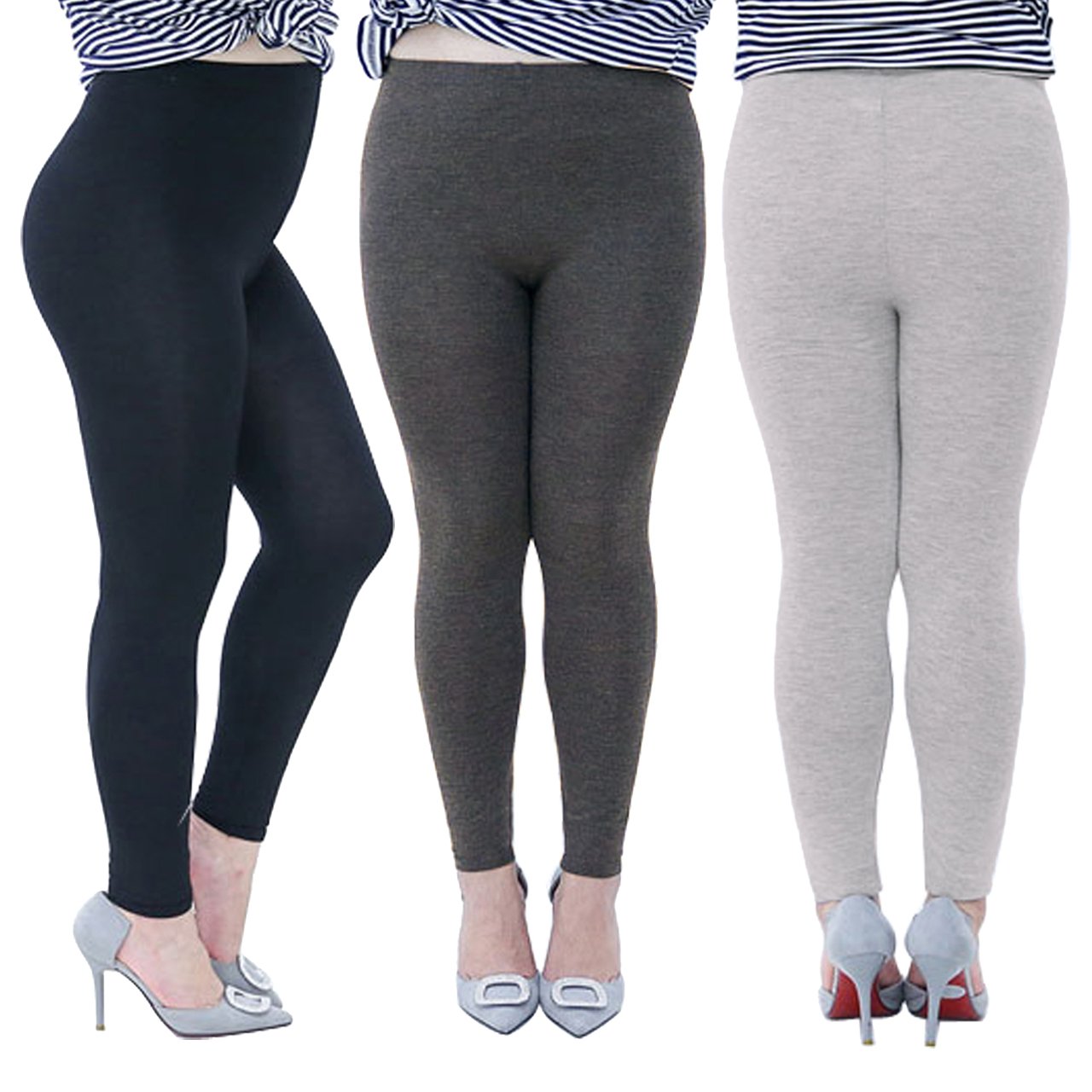 CHIC DIARY 3 Packs Women\'s Elastic Stretchy Yoga Pants Black Grey Navy Yoga Leggings Plus Size (L, Mixed(Black/Dark Grey/Light Grey))