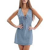 Amazhiyu Womens 100% Linen Summer V Neck Tie Front Sleeveless Mini Tank Dress