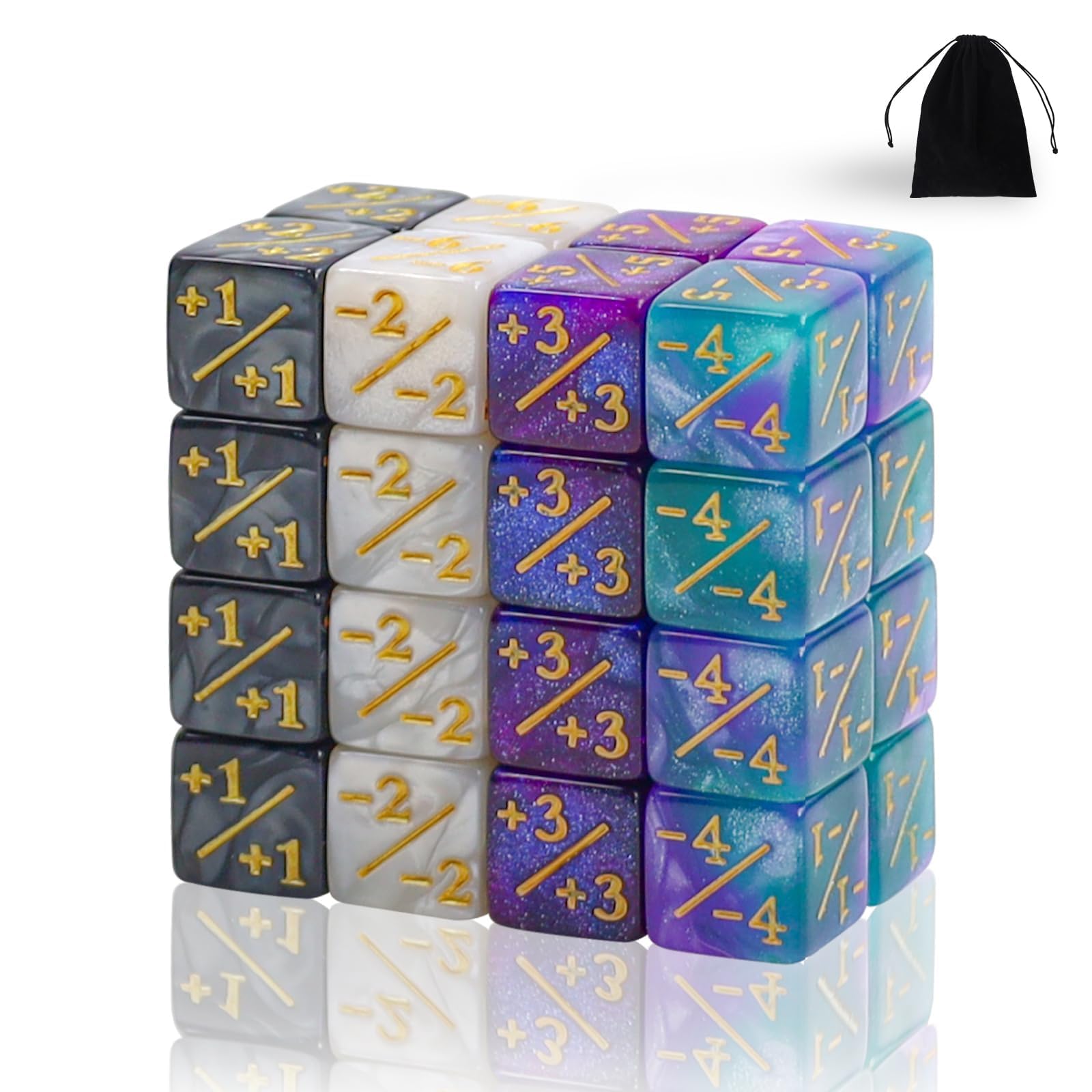 SLAKOZYT 32-Piece Dice Set Token MTG Counter Token, Glitter Sparkle Dice (32 Pieces Starry Night Purple, Black and White)