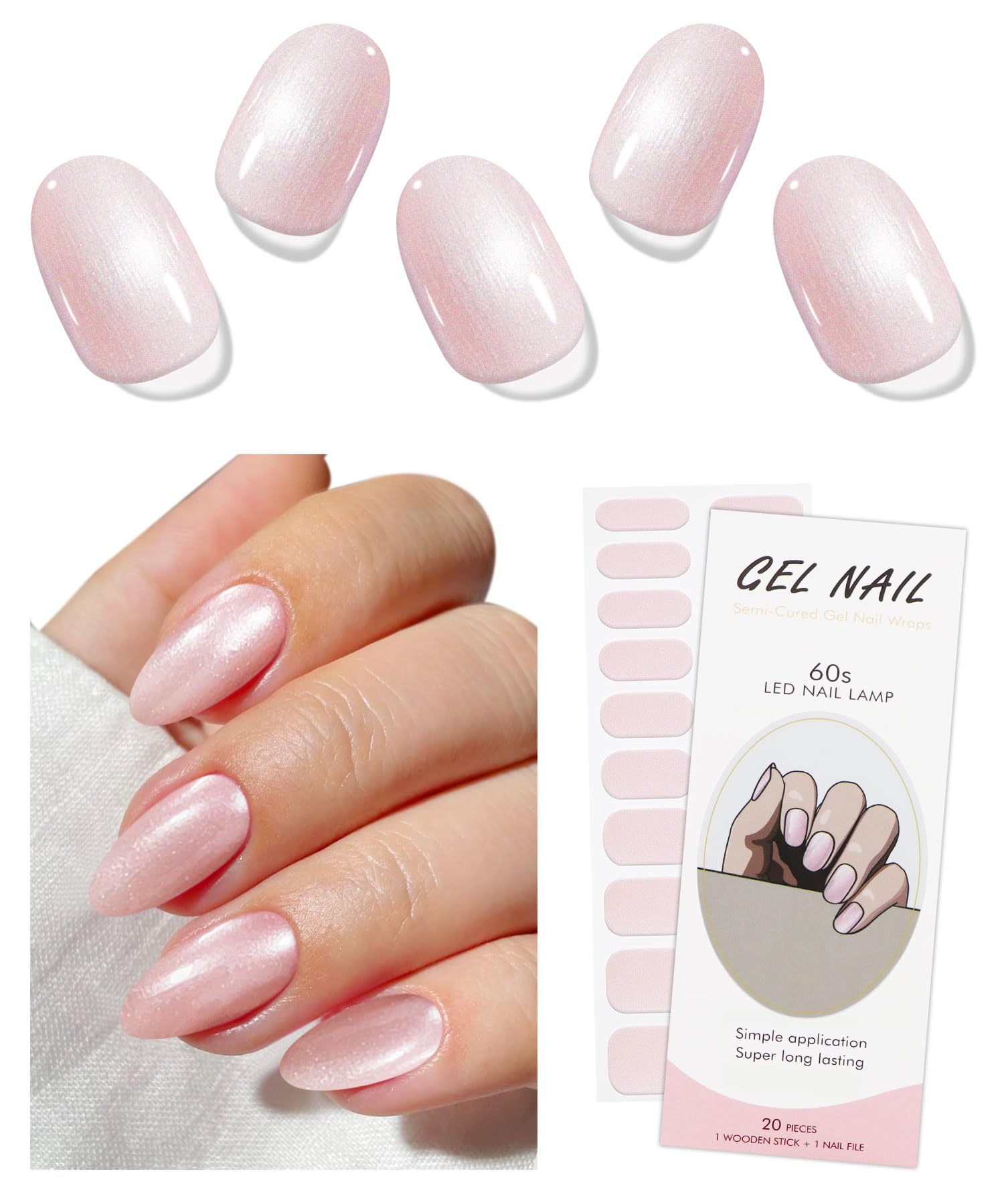 JMEOWIO Gel Nail Stickers Glitter Cream Pink Semi Cured Gel Nail Strips Wraps UV/LED Nails Art Design Decoration Accessories