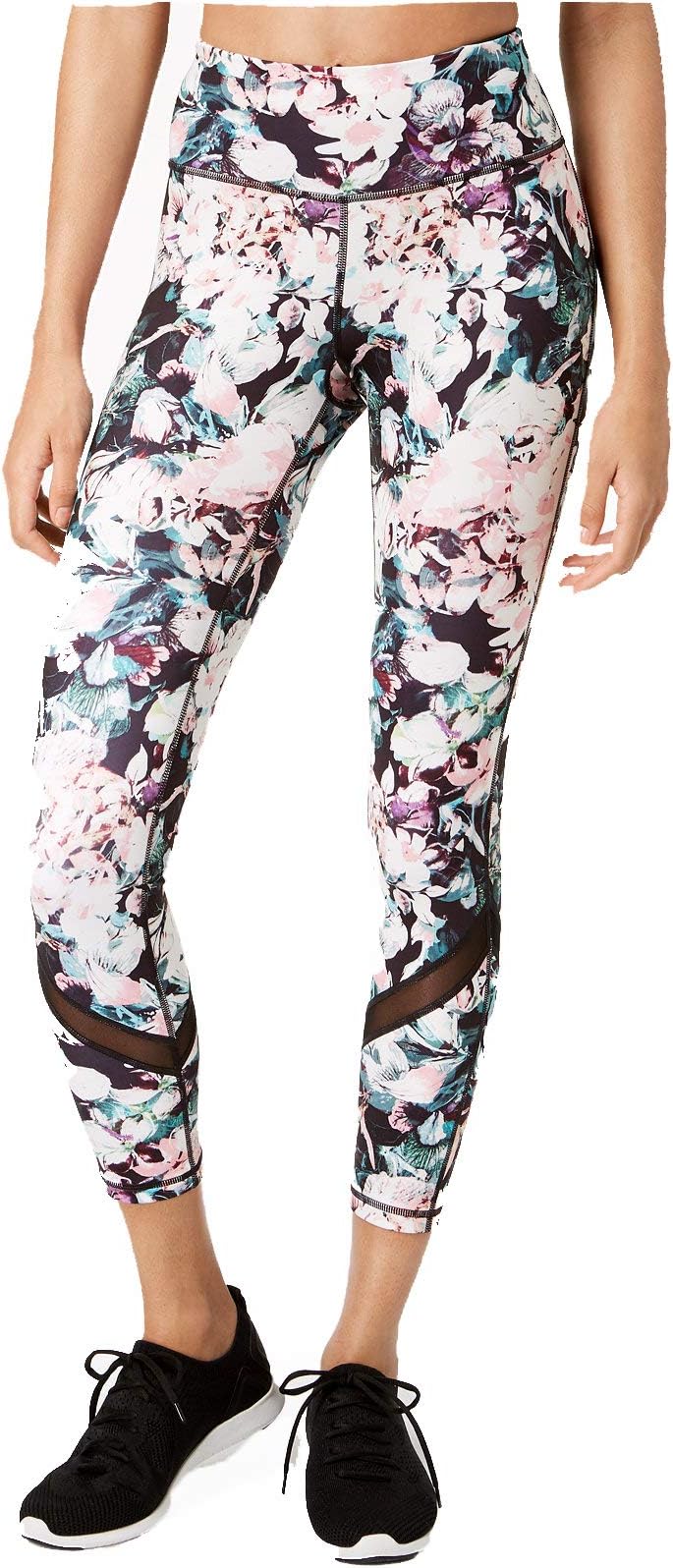 Floral Print Mesh Trimmed Ankle Length Performance Leggings