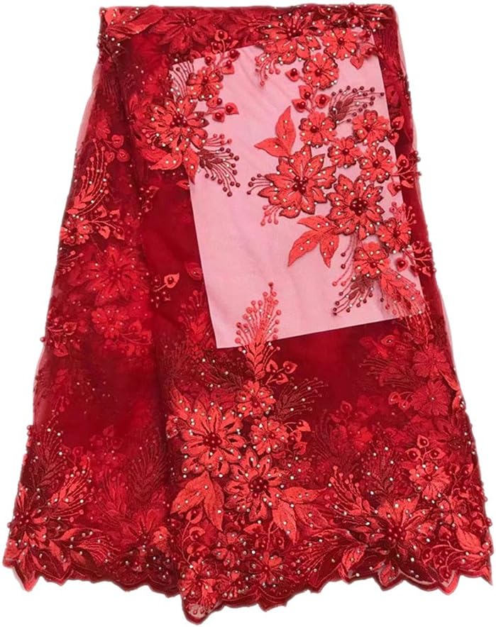 LaceQiao 5 Yards Embroidery mesh Tulle Lace Fabric 5yards Flower Pattern Beaded African Lace Fabrics Wholesale for Wedding Party (Red)