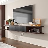 FloatiCasa Floating TV Stand,55'' Wall Mounted TV Stand Floating TV Unit Media Console Shelf with 2 Flip-Down Cabinet Doors and 2 Open Shelves for Bedroom, Livingroom, Media Room Office, Walnut+Black