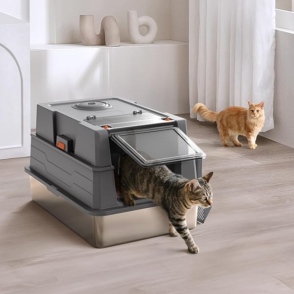 XXXL STAINLESS STEEL LITTER BOX WITH LID,28″ L X 20.5″ W X 16.5″ H EXTRA LARGE CAT LITTER BOX ENCLOSURE FOR LARGE AND MULTI-CATS FAMILIES,NON-STICKY, ANTI-LEAKAGE, EASY TO CLEAN(GRAY)