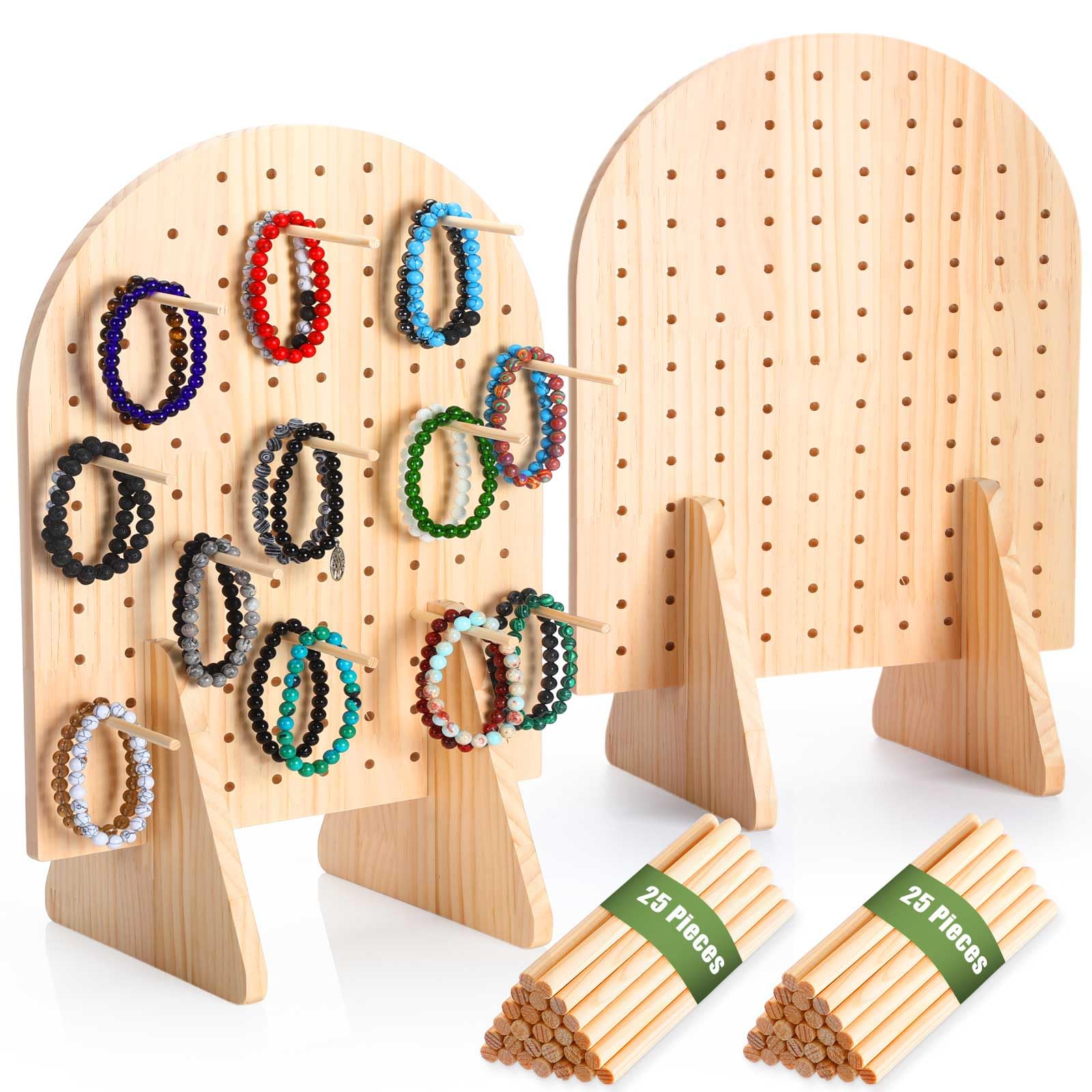 Photo 1 of Colingmill 2 Sets Keychain Display Stand Wooden Pegboard Display Stand with 25 Pcs Dowel Rods Oval Bracelet Organizer Holder for Jewelry, Craft Shows, Necklace, Selling, 15.75" x 11.81"(Wood)