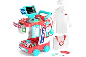 Doctor Kit for Kids, Pretend Doctor Playset for Toddlers with Cart, Costume and Stethoscope, Role Play Medical Toy for Girls 