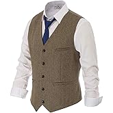 PJ PAUL JONES Men's Herringbone Tweed Suit Vest Casual Wool Blend Waistcoat