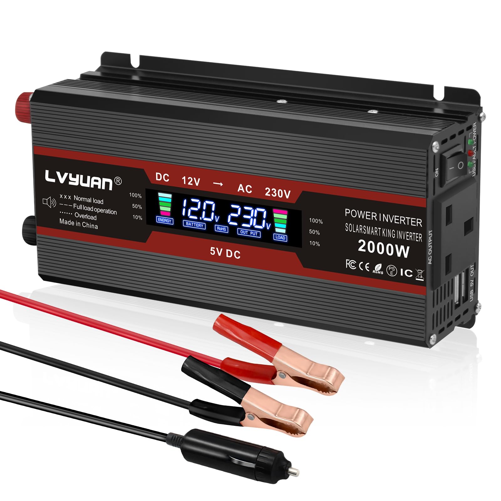 LVYUAN Power Inverter 2000W 12V to 240V / 230V LCD UK Socket USB 4.2A Car Converter