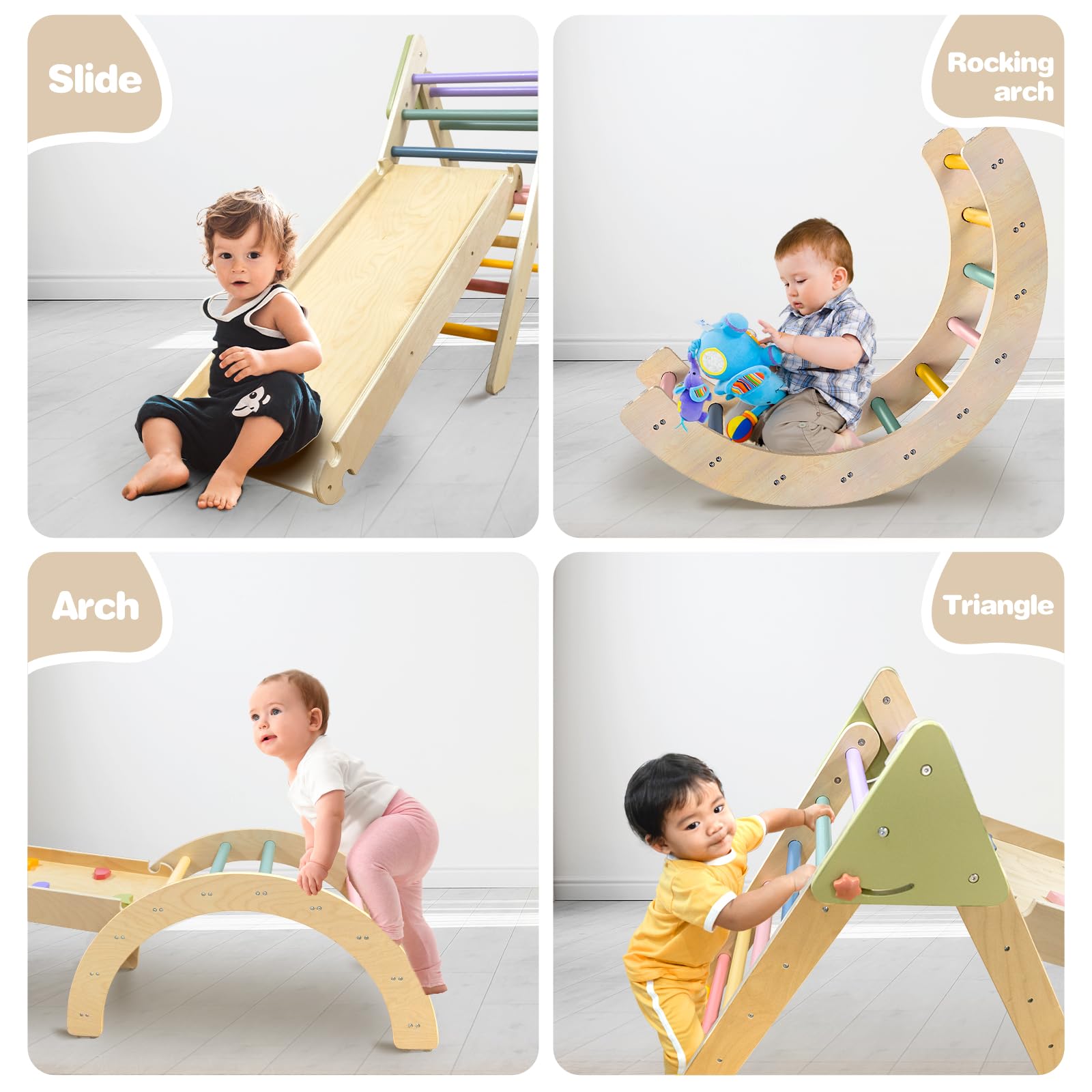 LOL-FUN Pikler Triangle Set Montessori Toddler Climbing Toys Indoor, Foldable Climbing Toys for 1 Year Old, 3 Piece Baby Climbing Gym Indoor Playground