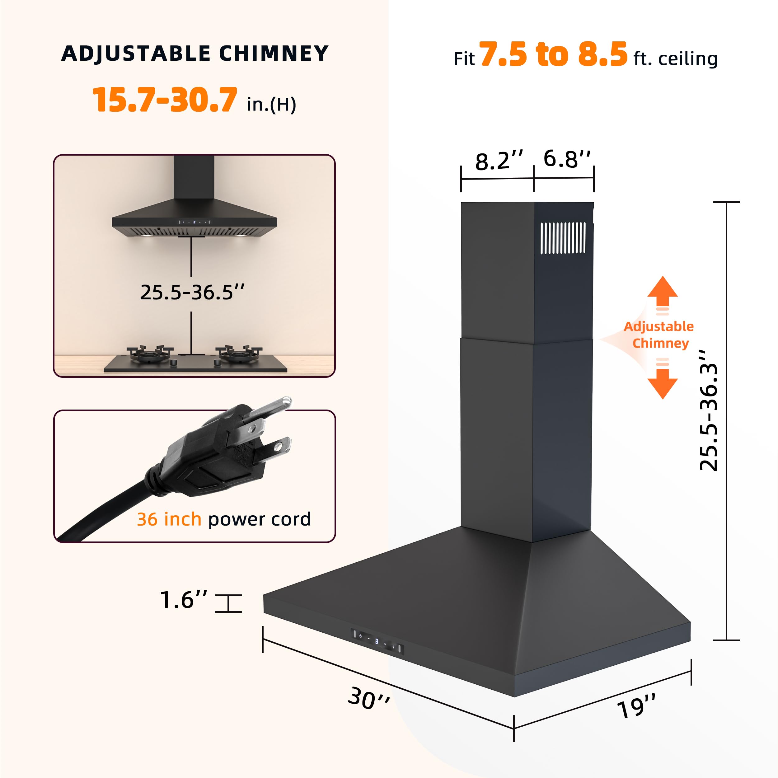 FIREGAS Black Range Hood 30 inch, 450 CFM Wall Mount Range Hood with Ducted/Ductless Convertible, Gesture Sensing Control & Touch Control Kitchen Hood Vent, Baffle Filters, Charcoal Filters