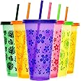 Meoky Plastic Cups with Lids and Straws - 6 Pack 24 oz Color Changing Cups with Lids and Straws Bulk, Reusable Cups with Lids