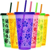 Meoky Plastic Cups with Lids and Straws - 6 Pack 24 oz Color Changing Cups with Lids and Straws Bulk, Reusable Cups with Lids