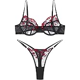VORIXIA Lingerie Sexy Bra and Panty Set for Women See Through Sheer Underwear Cute Exotic Foral Embroidery Babydoll Suit