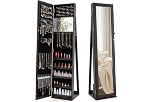 CHARMAID Jewelry Armoire Cabinet with 62" Tall Full Length Mirror, 2-in-1 Lockable Standing Jewelry Organizer with Large Stor