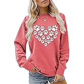 Sunidol Womens Dog Mom Sweatshirts Cute Dog Paw Print Heart Graphic Long Sleeve Crewneck Casual Tee Tops