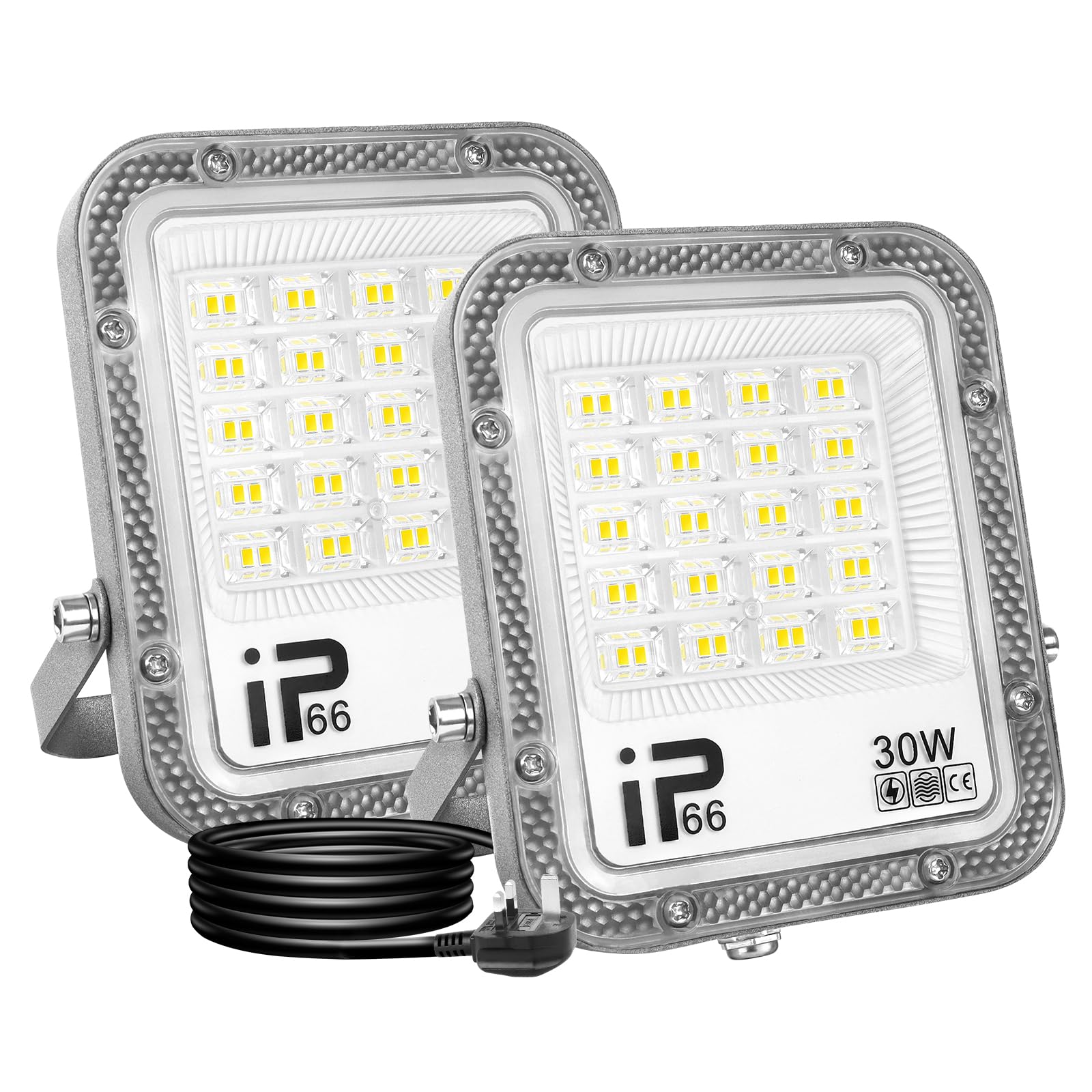 RIGIDON 2 Pcs Outdoor Flood LED Work Light, 30W 3000 LM Floodlight, Cold White Security Lights for Garage Garden Yard Lawn Workshop Court Patio, IP66 Waterproof 6000K, 1 M Wire with UK Plug