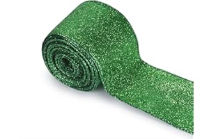 WIKHIA St Patrick's Day Green Metallic Glitter Ribbon for Gift Wrapping, Wired Edge Christmas Ribbons for Tree Decoration Wreath DIY Crafts Home Outdoor Party Decor Bows, 2.5" x 10 Yards x 1 Roll