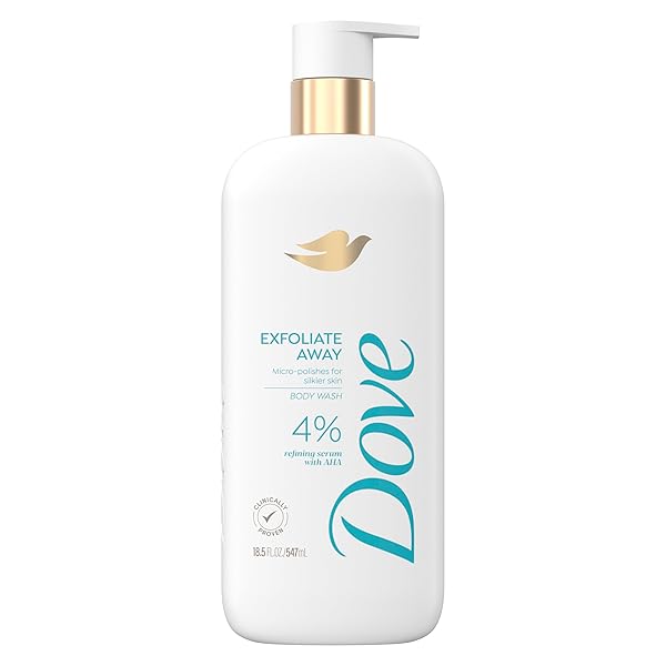 DOVE BODY WASH EXFOLIATE AWAY MICRO-POLISHES FOR SILKIER SKIN 4% REFINING SERUM WITH AHA 18.5 OZ