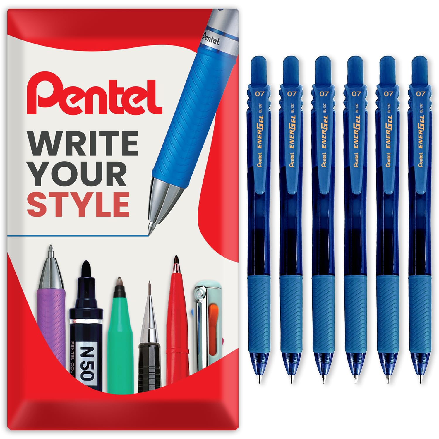 Pentel Energel X BL107 Retractable Gel Rollerball Pens - 0.7mm Nib - Pack of 6 in Envelope Gift Packaging (Navy) — image 1
