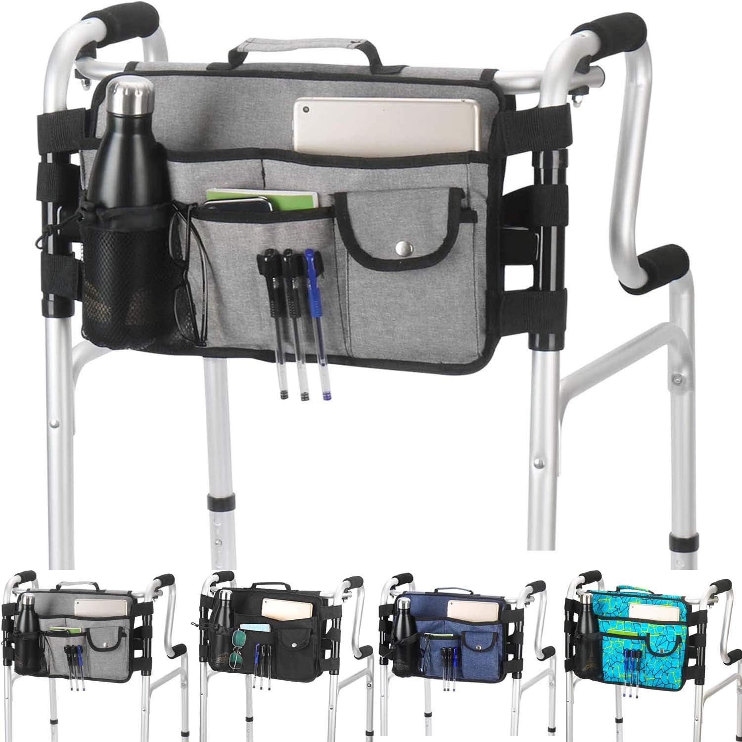 Walker Bag - Water Resistant Tote Folding Walker Basket Caddy Pouch with Large Compartment and 9 Pockets Universal fit Walker, rollator (Gray): Health & Personal Care