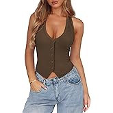 Pungdra Womens Button Down Tank Top for Women Ribbed Button Up Halter Fitted Vest Summer Sexy Trendy Cute Crop Going Out Tops