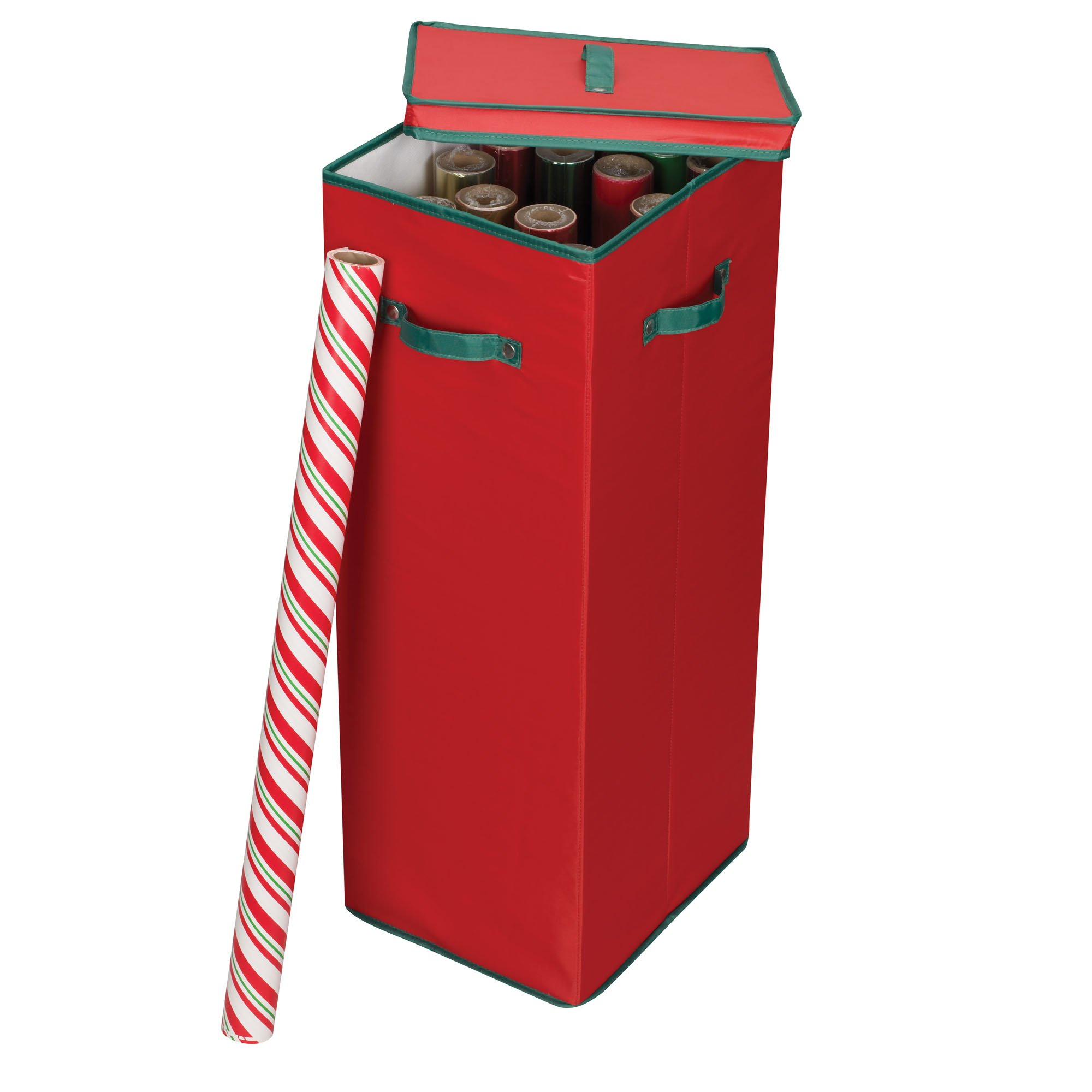 Household Essentials 580RED Wrapping Paper Storage Container | Holds up to 20 Rolls of Christmas Wrappings | Red Box with Green Trim