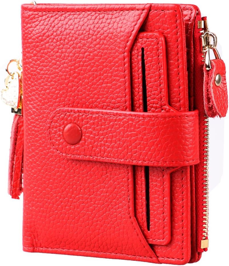 Womens Bifold Genuine Leather Wallet RFID Blocking Removable ID Window Card Holder (Red)