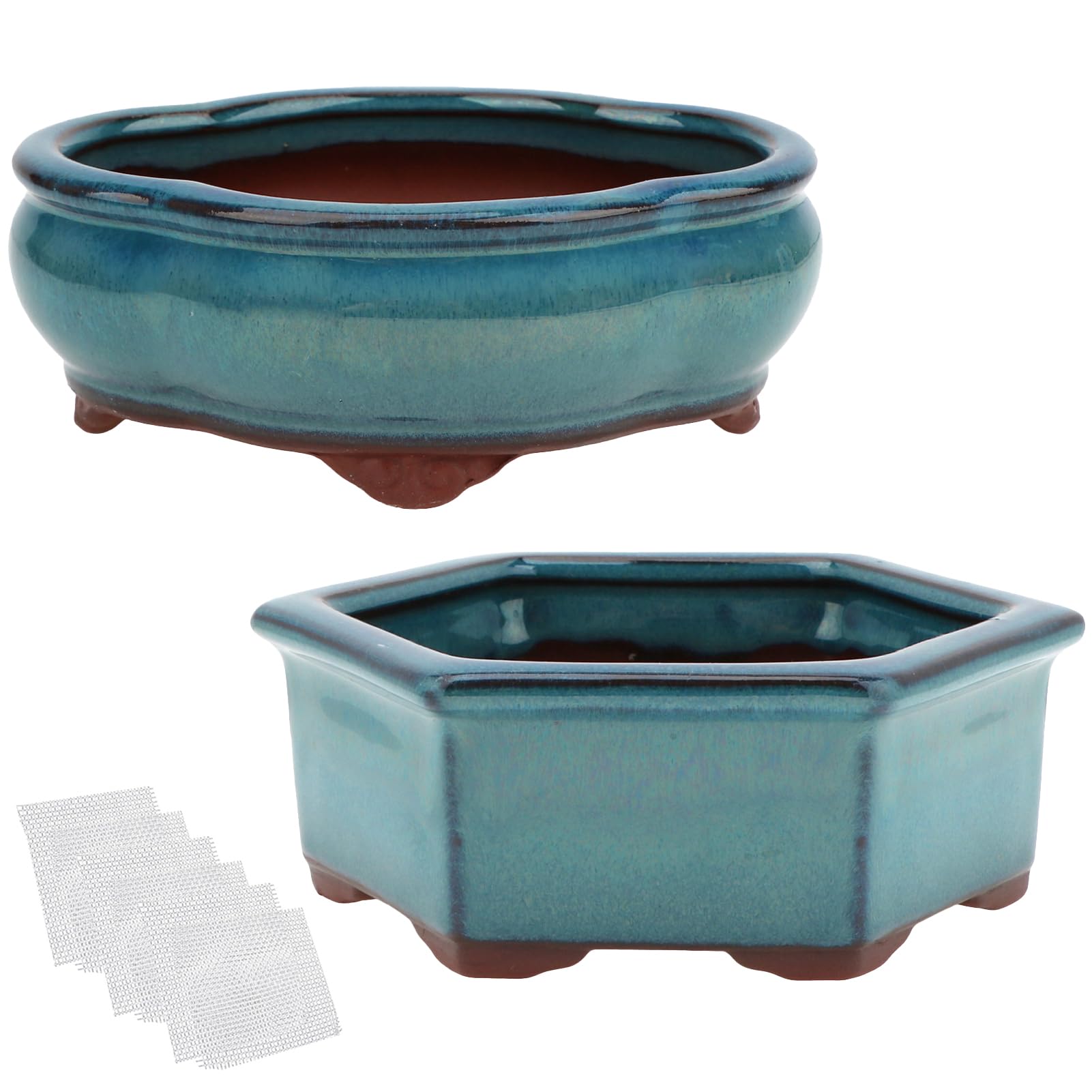 happy bonsai 5.7" 6" Small Glazed Pots Set of 2 + 6 Soft Mesh Drainage Screens
