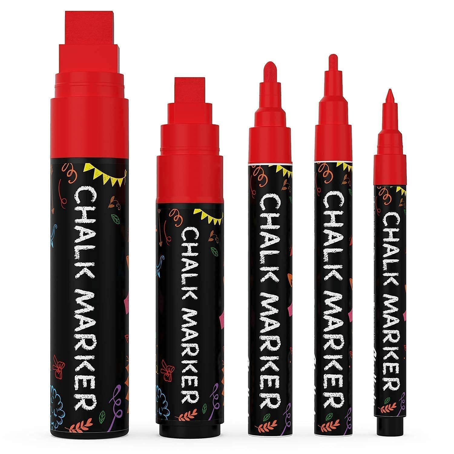 5 Red Chalkboard Chalk Pens - Red Dry Erase Markers for Blackboard, Chalkboard Signs, Windows, Glass | Variety Pack - Fine & Jumbo Size Ink Pen (1mm, 3mm, 6mm, 10mm, 15mm)