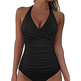 Mycoco Women's Underwire Tankini Top Tummy Control Bathing Suit Tops Halter Push Up Criss Cross Swim Top Only