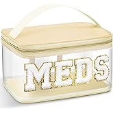 Geetery Chenille Letter Bag, Meds Cheer Travel Cases Cheerleader Gifts Cosmetic Bag Nylon Makeup Portable Preppy Patch with Zipper Toiletry Storage Case for Women(Beige,Meds)