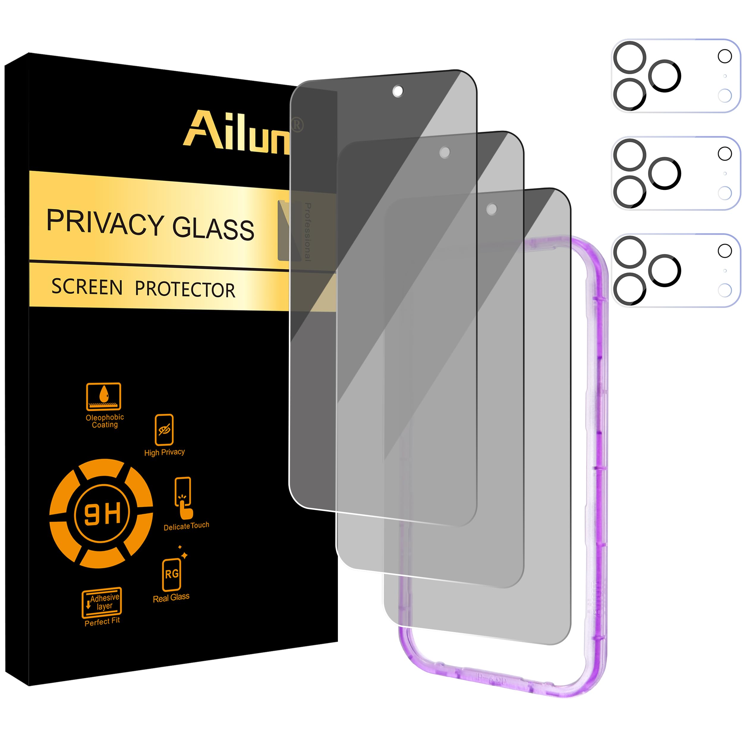 Photo 1 of Ailun 3 Pack for iPhone 17 Pro Max Privacy Screen Protector [6.9 inch]+ 3 Pack Camera Lens Protector with Installation Frame,Dynamic Island Compatible,Anti Spy Tempered Glass[9H Hardness]-HD