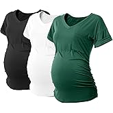 SUNNYBUY 3 Pack Womens Maternity Tops Side Ruched Maternity Shirts Pregnancy Clothes V Neck