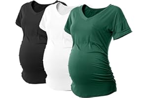 SUNNYBUY 3 Pack Womens Maternity Tops Side Ruched Maternity Shirts Pregnancy Clothes V Neck