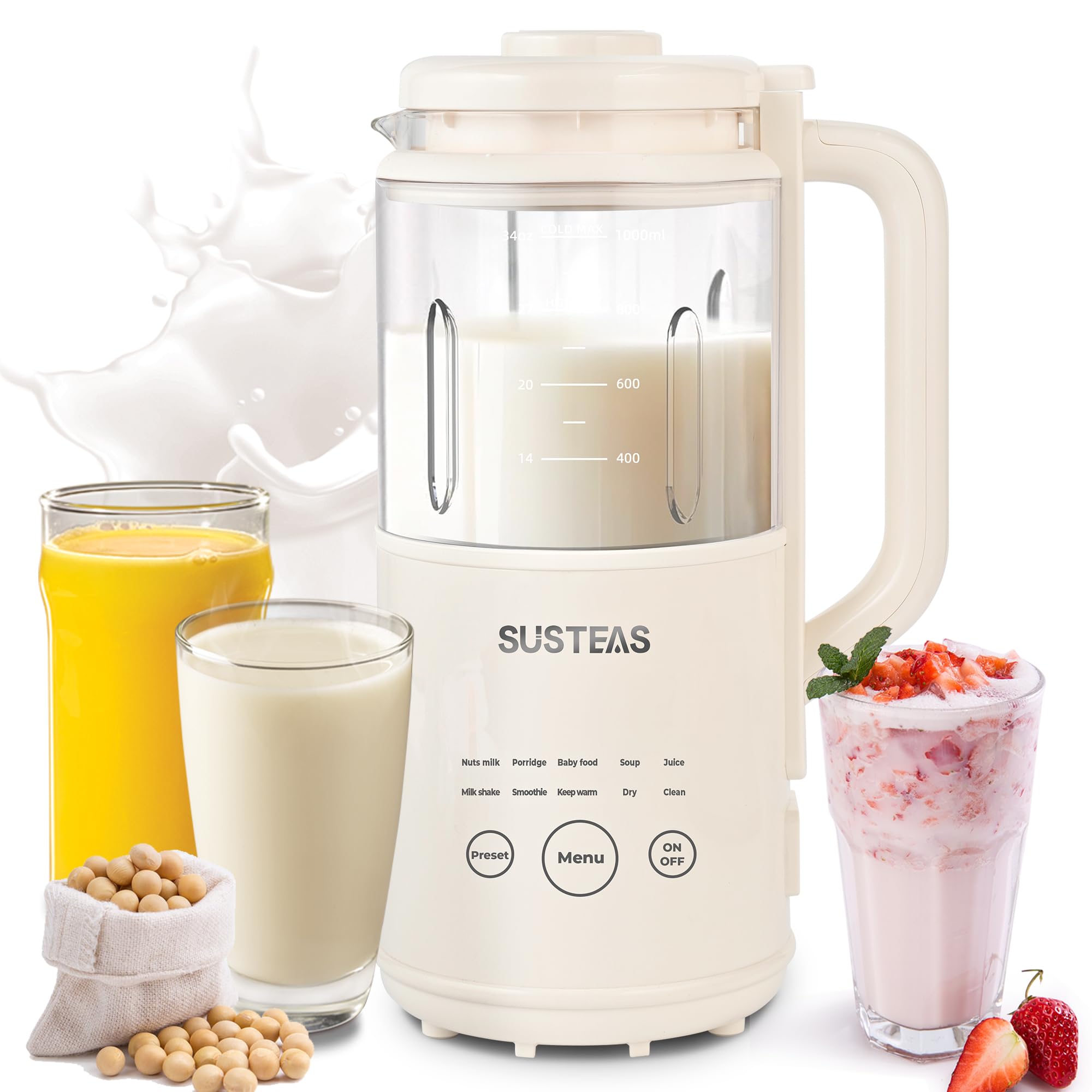 Photo 1 of SUSTEAS 10 in 1 Nut Milk Maker Machine, 34oz Soy Milk Maker for Almond/Oat/Soy Milk, Juice, Milkshake, Rice Paste, No Filtering Needed, Almond Cow Milk Machine Maker with Self Cleaning, Beige